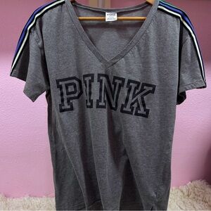 Gray V-Neck T-Shirt with Striped Sleeves